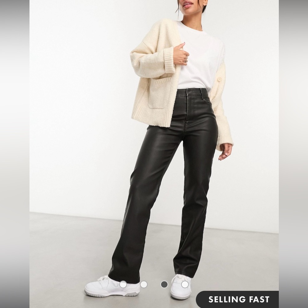 ASOS DESIGN faux leather straight leg pants in washed brown/black